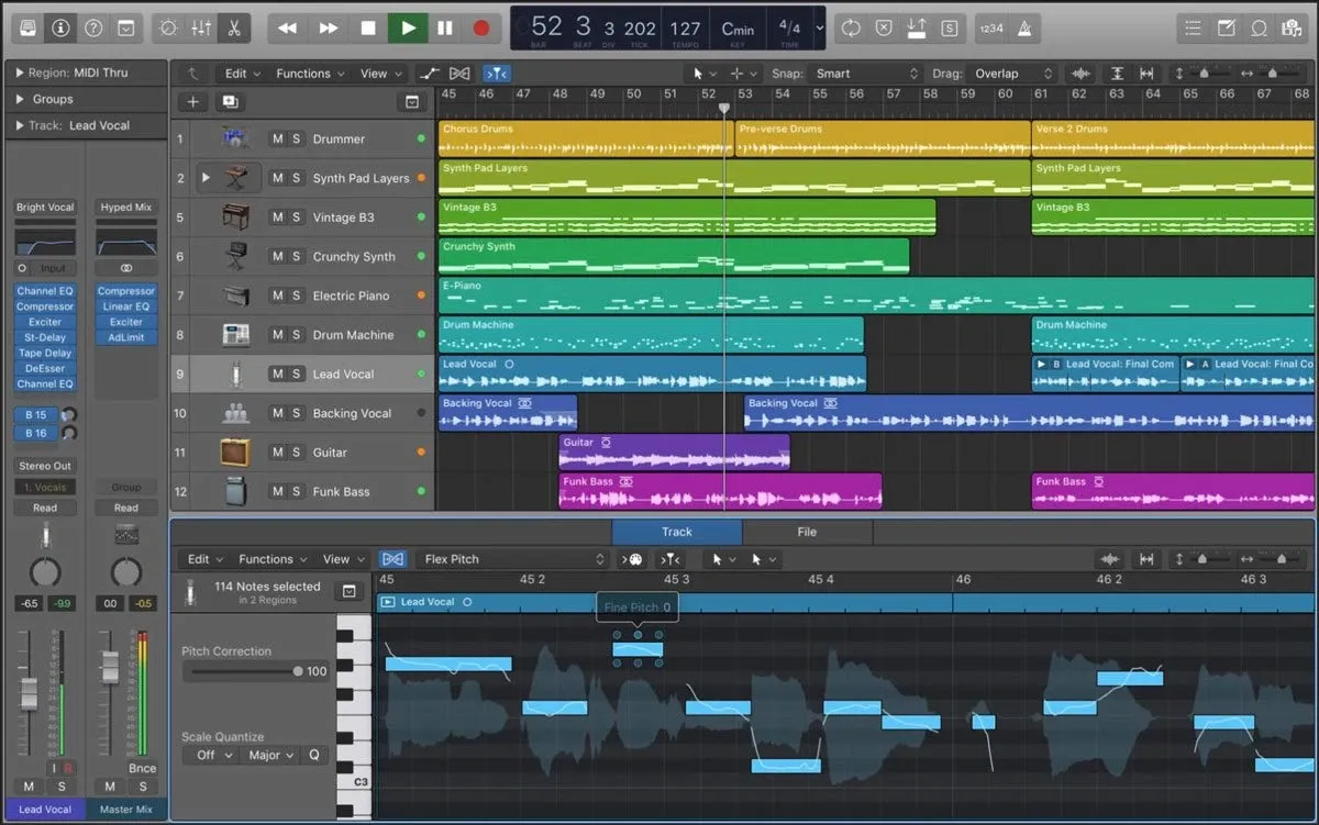 Logic Pro X: aranżacja wielośladowa z regionami audio i MIDI.