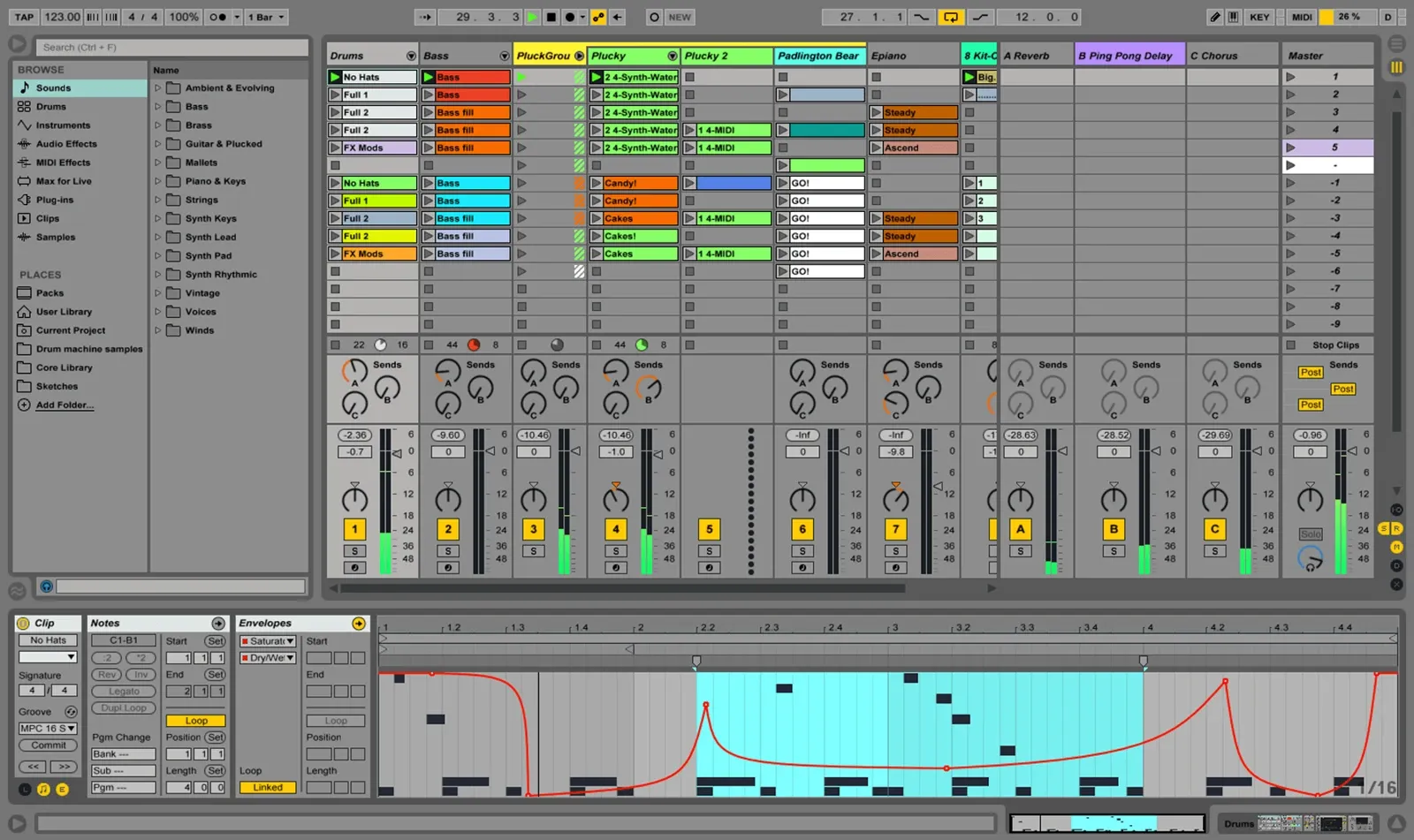 Ableton Live 9: widok sesji z klipami, mikserem i edytorem MIDI.